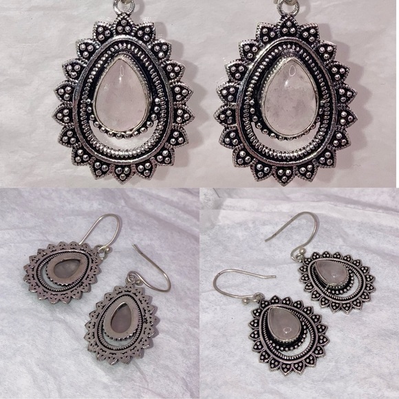 Rose Quartz Gemstone Silver Handmade Halo Earrings - Picture 3 of 3